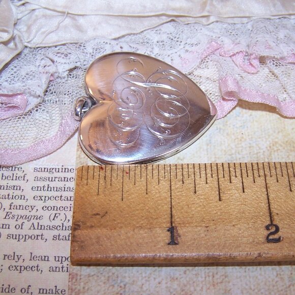 Large Sterling Silver Heart Locket Pendant - Engraved E.B. Front - Picture 3 of 6